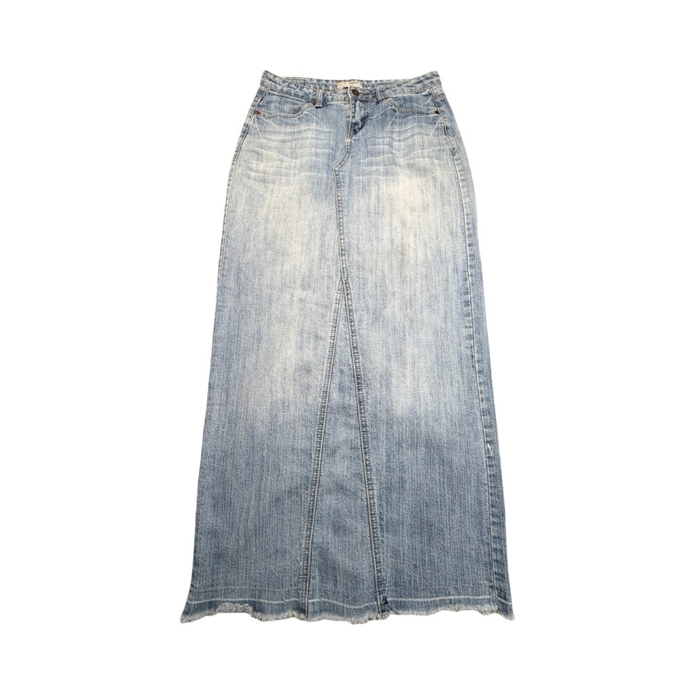 Be-Girl Denim Skirt Womens 6/8 Blue Maxi Long A-Line Frayed Hem Back Slit Y2K